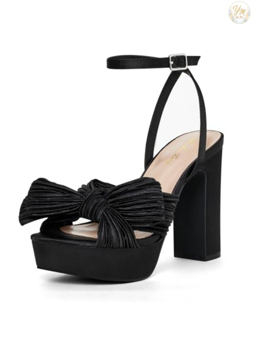 Satin Bow Platform Heeled Sandal with Ankle Strap and Chunky Block Heel